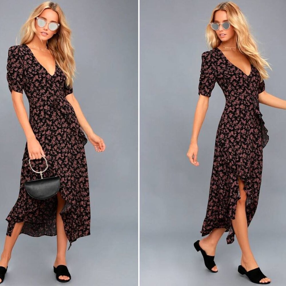 Honey Punch  Prairie Serenade Black Floral Print Midi Dress Size M